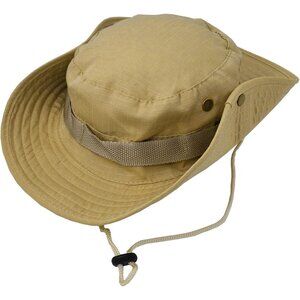Unisex Khaki 100% Polyester Wide Brim Boonie With Chin Strap Classic Bucket Hat